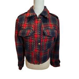 Me Jane Women's Plaid Cropped Jacket Red Size L Button-Up Pockets